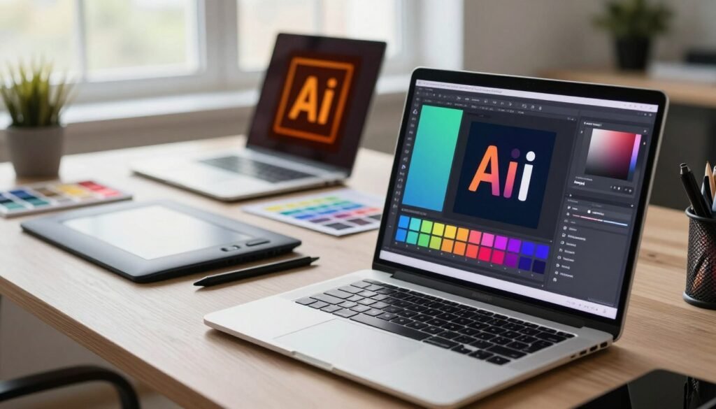 A sleek, modern workspace showcasing a digital comparison of vector design software, including Amadine, Illustrator, and Affinity Designer. In the foreground, an open laptop displaying vibrant interface screens of the different software highlights their unique features. The middle layer features a stylish designer's desk with tools like a graphics tablet, stylus, and color swatches meticulously arranged, reflecting a creative environment. The background reveals a large window with soft, natural light filtering in, illuminating the space and creating an inviting atmosphere. Use a shallow depth of field to emphasize the laptop while slightly blurring the background, enhancing focus on the software comparison. The overall mood is professional yet innovative, perfect for graphic design enthusiasts. A sleek, modern workspace showcasing a digital comparison of vector design software, including Amadine, Illustrator, and Affinity Designer. In the foreground, an open laptop displaying vibrant interface screens of the different software highlights their unique features. The middle layer features a stylish designer's desk with tools like a graphics tablet, stylus, and color swatches meticulously arranged, reflecting a creative environment. The background reveals a large window with soft, natural light filtering in, illuminating the space and creating an inviting atmosphere. Use a shallow depth of field to emphasize the laptop while slightly blurring the background, enhancing focus on the software comparison. The overall mood is professional yet innovative, perfect for graphic design enthusiasts.