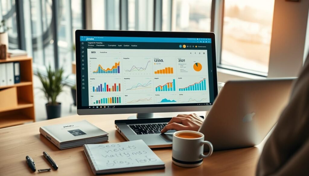 A sleek, modern workspace showcasing a digital marketing professional analyzing SEO features of Jimdo on a laptop. In the foreground, the computer screen displays a colorful dashboard with analytics graphs and SEO metrics, symbolizing the effectiveness of Jimdo's SEO tools. The middle layer includes a well-organized desk with SEO-related books, a notepad with ideas sketched out, and a coffee cup, which conveys a focused work atmosphere. The background features a bright, airy office with large windows, allowing natural light to flood the space, enhancing a feeling of productivity. The mood is optimistic and inspiring, illustrating the potential of Jimdo for creating professional websites. High angle shot, with soft, diffused lighting to create a warm ambiance. A sleek, modern workspace showcasing a digital marketing professional analyzing SEO features of Jimdo on a laptop. In the foreground, the computer screen displays a colorful dashboard with analytics graphs and SEO metrics, symbolizing the effectiveness of Jimdo's SEO tools. The middle layer includes a well-organized desk with SEO-related books, a notepad with ideas sketched out, and a coffee cup, which conveys a focused work atmosphere. The background features a bright, airy office with large windows, allowing natural light to flood the space, enhancing a feeling of productivity. The mood is optimistic and inspiring, illustrating the potential of Jimdo for creating professional websites. High angle shot, with soft, diffused lighting to create a warm ambiance.