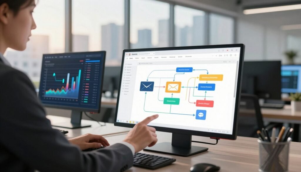 A sleek, modern workspace showcasing advanced email automation. In the foreground, a professional individual in business attire interacts with a large, high-resolution touchscreen displaying visual workflows—colorful flowcharts, arrows, and automation rules that connect various email marketing elements. The middle layer features vibrant data analytics graphs on a nearby monitor, illustrating successful campaigns. The background is filled with large windows revealing a city skyline, with gentle sunlight filtering through, casting warm tones. The atmosphere is energetic and innovative, hinting at creativity and efficiency in digital marketing. Use soft focus on the background for depth, while keeping the foreground elements sharp. The mood is forward-thinking and professional, ideal for illustrating advanced email marketing solutions. A sleek, modern workspace showcasing advanced email automation. In the foreground, a professional individual in business attire interacts with a large, high-resolution touchscreen displaying visual workflows—colorful flowcharts, arrows, and automation rules that connect various email marketing elements. The middle layer features vibrant data analytics graphs on a nearby monitor, illustrating successful campaigns. The background is filled with large windows revealing a city skyline, with gentle sunlight filtering through, casting warm tones. The atmosphere is energetic and innovative, hinting at creativity and efficiency in digital marketing. Use soft focus on the background for depth, while keeping the foreground elements sharp. The mood is forward-thinking and professional, ideal for illustrating advanced email marketing solutions.