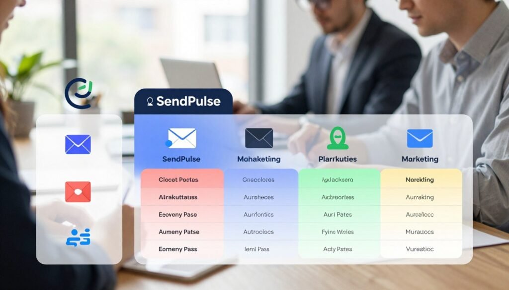 A sleek, professional comparison chart showcasing various alternatives to SendPulse in the realm of email and marketing automation. In the foreground, display a series of modern, visually distinct icons representing popular marketing platforms, arranged artistically. The middle layer features a stylized, multi-section comparison table with key features highlighted, using contrasting colors for clarity. In the background, a soft-focus office environment conveys a productive atmosphere, with a glimpse of professionals in business attire collaborating over digital devices. Utilize bright, natural lighting to enhance a sense of innovation and professionalism. The overall mood should be informative and engaging, inviting viewers to explore their marketing options. A sleek, professional comparison chart showcasing various alternatives to SendPulse in the realm of email and marketing automation. In the foreground, display a series of modern, visually distinct icons representing popular marketing platforms, arranged artistically. The middle layer features a stylized, multi-section comparison table with key features highlighted, using contrasting colors for clarity. In the background, a soft-focus office environment conveys a productive atmosphere, with a glimpse of professionals in business attire collaborating over digital devices. Utilize bright, natural lighting to enhance a sense of innovation and professionalism. The overall mood should be informative and engaging, inviting viewers to explore their marketing options.