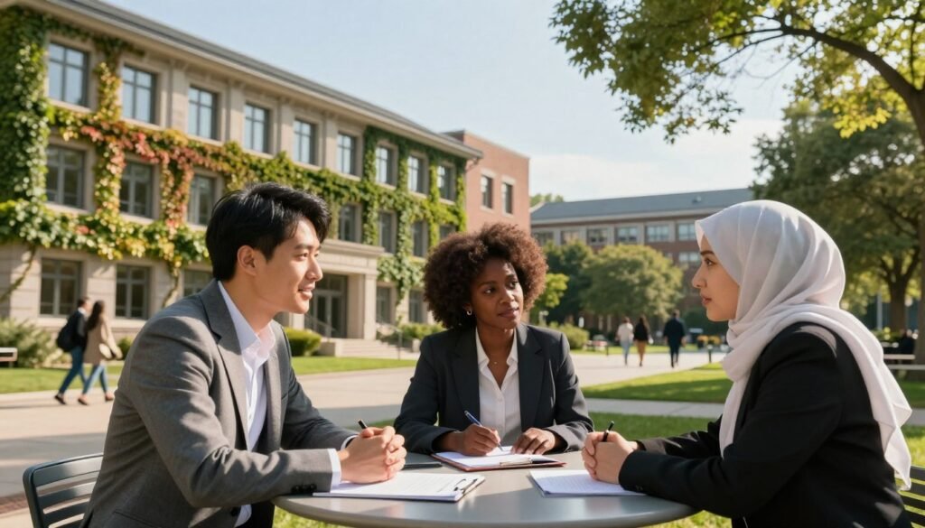 A sophisticated and modern university campus scene featuring diverse professionals engaged in collaboration. In the foreground, a group of three individuals—an East Asian man, a Black woman, and a Middle-Eastern woman—are discussing ideas at a sleek outdoor table, all dressed in professional attire. In the middle ground, a prestigious university building with ivy-covered walls represents academic excellence, while lush green trees frame the scene, emphasizing a vibrant learning environment. The background showcases a clear blue sky and distant students walking along a picturesque path. The lighting is warm and inviting, casting soft shadows and highlighting the interaction, creating a positive and inspiring atmosphere that reflects the allure of partnerships with top universities. The image captures unity, professionalism, and the values of education and collaboration. A sophisticated and modern university campus scene featuring diverse professionals engaged in collaboration. In the foreground, a group of three individuals—an East Asian man, a Black woman, and a Middle-Eastern woman—are discussing ideas at a sleek outdoor table, all dressed in professional attire. In the middle ground, a prestigious university building with ivy-covered walls represents academic excellence, while lush green trees frame the scene, emphasizing a vibrant learning environment. The background showcases a clear blue sky and distant students walking along a picturesque path. The lighting is warm and inviting, casting soft shadows and highlighting the interaction, creating a positive and inspiring atmosphere that reflects the allure of partnerships with top universities. The image captures unity, professionalism, and the values of education and collaboration.