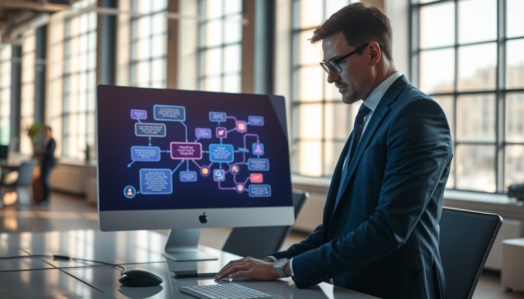 A sophisticated, digital workspace illustrating the concept of "Flows" for chatbots. In the foreground, visualize a sleek computer screen displaying a vibrant flowchart of a chatbot interaction, with glowing nodes and connecting lines that symbolize automated conversations. The middle ground features a professional businessperson, dressed in smart attire, engaging with the screen, their expression focused and analytical. In the background, a modern office space is softly illuminated by natural light pouring through large windows, casting gentle shadows. The atmosphere is one of innovation and productivity, conveying a sense of efficiency and technology-driven advancement in customer interaction. Use soft, warm lighting to enhance the inviting feel of the space, and apply a slight depth of field to emphasize the screen and the individual. A sophisticated, digital workspace illustrating the concept of "Flows" for chatbots. In the foreground, visualize a sleek computer screen displaying a vibrant flowchart of a chatbot interaction, with glowing nodes and connecting lines that symbolize automated conversations. The middle ground features a professional businessperson, dressed in smart attire, engaging with the screen, their expression focused and analytical. In the background, a modern office space is softly illuminated by natural light pouring through large windows, casting gentle shadows. The atmosphere is one of innovation and productivity, conveying a sense of efficiency and technology-driven advancement in customer interaction. Use soft, warm lighting to enhance the inviting feel of the space, and apply a slight depth of field to emphasize the screen and the individual.