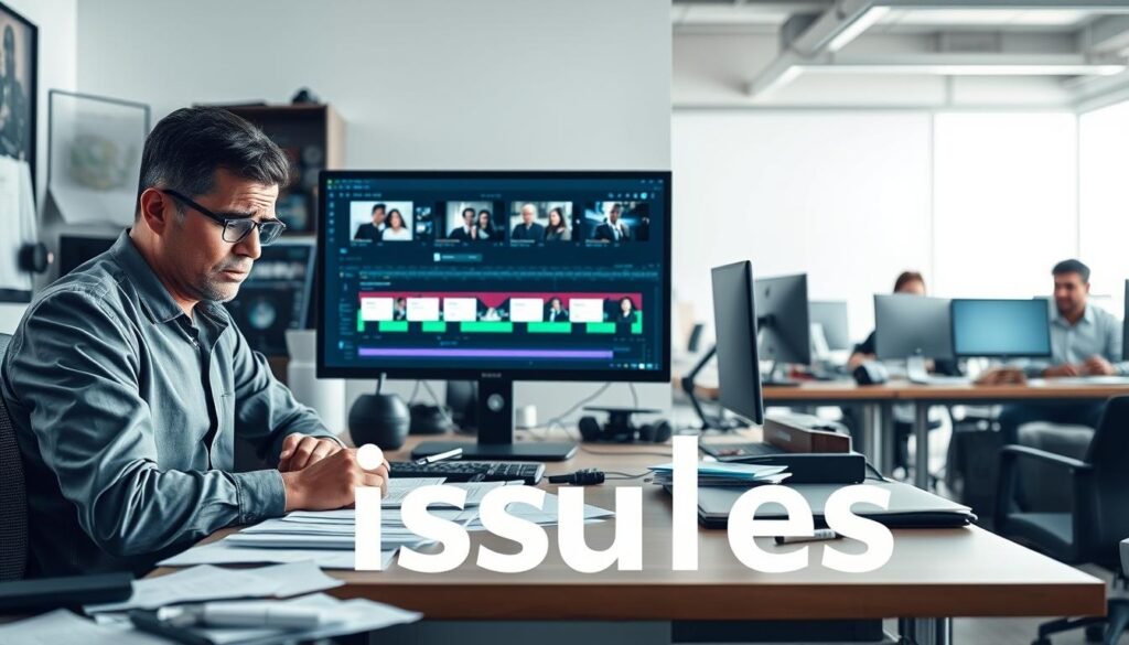 A split-screen image illustrating the concept of "issues" in video editing. The left foreground features a frustrated content creator in professional attire, sitting at a cluttered desk with multiple screens displaying editing software. Their expression conveys stress, while papers and notes are scattered around, symbolizing challenges and difficulties. In the middle, a large screen shows a video timeline with visible errors and complex editing tools. The right background captures a serene workspace with organized tools and satisfied users, implying potential solutions. Soft, diffused lighting highlights the tension in the foreground and contrasts with the calm workspace, creating a balanced atmosphere that reflects both problems and resolutions in video editing experiences. A split-screen image illustrating the concept of "issues" in video editing. The left foreground features a frustrated content creator in professional attire, sitting at a cluttered desk with multiple screens displaying editing software. Their expression conveys stress, while papers and notes are scattered around, symbolizing challenges and difficulties. In the middle, a large screen shows a video timeline with visible errors and complex editing tools. The right background captures a serene workspace with organized tools and satisfied users, implying potential solutions. Soft, diffused lighting highlights the tension in the foreground and contrasts with the calm workspace, creating a balanced atmosphere that reflects both problems and resolutions in video editing experiences.