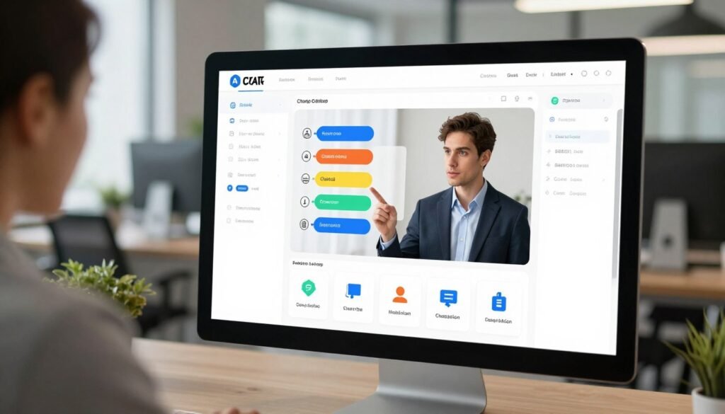 A step-by-step chatbot builder interface displayed on a sleek computer screen in a modern office setting. The foreground features vibrant icons representing different chatbot components like templates, customization options, and integration capabilities. In the middle, a user in professional business attire is engaged with the interface, examining the workflow with a focused expression. The background includes blurred elements of a stylish office environment, such as soft-lit workspaces and indoor plants, creating a productive atmosphere. The lighting is bright yet soft, emphasizing the clarity of the screen content. The angle captures both the user and the interface effectively, promoting a sense of engagement and creativity in building chatbots for business. A step-by-step chatbot builder interface displayed on a sleek computer screen in a modern office setting. The foreground features vibrant icons representing different chatbot components like templates, customization options, and integration capabilities. In the middle, a user in professional business attire is engaged with the interface, examining the workflow with a focused expression. The background includes blurred elements of a stylish office environment, such as soft-lit workspaces and indoor plants, creating a productive atmosphere. The lighting is bright yet soft, emphasizing the clarity of the screen content. The angle captures both the user and the interface effectively, promoting a sense of engagement and creativity in building chatbots for business.