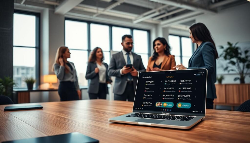 A stylish office environment showcasing a diverse team collaborating over virtual phone number management. In the foreground, a sleek wooden desk with modern technology, including a laptop displaying a user-friendly interface with virtual phone numbers. In the middle ground, a multi-ethnic group of professionals in business attire discussing strategies, with one person gesturing towards the laptop's screen. The background features a large window with natural light pouring in, illuminating the room and casting soft shadows. The atmosphere is focused and innovative, emphasizing a sense of teamwork and digital communication. Capture the image with a wide-angle lens to convey depth and vibrancy, highlighting the modern workspace and its dynamic energy. A stylish office environment showcasing a diverse team collaborating over virtual phone number management. In the foreground, a sleek wooden desk with modern technology, including a laptop displaying a user-friendly interface with virtual phone numbers. In the middle ground, a multi-ethnic group of professionals in business attire discussing strategies, with one person gesturing towards the laptop's screen. The background features a large window with natural light pouring in, illuminating the room and casting soft shadows. The atmosphere is focused and innovative, emphasizing a sense of teamwork and digital communication. Capture the image with a wide-angle lens to convey depth and vibrancy, highlighting the modern workspace and its dynamic energy.