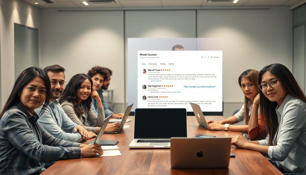 A thoughtful and visually engaging scene illustrating the drawbacks of language learning experiences, designed for a professional audience. In the foreground, a diverse group of adults seated around a conference table with laptops, displaying expressions of concern and contemplation. Each person wears business casual attire, representing different cultures and backgrounds. In the middle ground, an open laptop shows an online course interface with mixed reviews highlighting pros and cons, an inviting yet scrutinizing atmosphere engulfing the room. The background features a contemporary office setting with soft lighting, creating a contrast between the excitements of learning and the complexities that come with it. Use a slight tilt-angle perspective to enhance depth and urgency, capturing the essence of the decision-making process before purchasing an educational tool. A thoughtful and visually engaging scene illustrating the drawbacks of language learning experiences, designed for a professional audience. In the foreground, a diverse group of adults seated around a conference table with laptops, displaying expressions of concern and contemplation. Each person wears business casual attire, representing different cultures and backgrounds. In the middle ground, an open laptop shows an online course interface with mixed reviews highlighting pros and cons, an inviting yet scrutinizing atmosphere engulfing the room. The background features a contemporary office setting with soft lighting, creating a contrast between the excitements of learning and the complexities that come with it. Use a slight tilt-angle perspective to enhance depth and urgency, capturing the essence of the decision-making process before purchasing an educational tool.