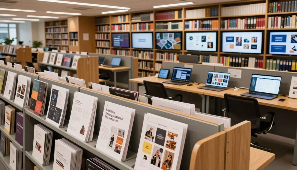 A vast, modern library filled with an extensive array of design templates and mockups. The foreground features sleek, organized shelves lined with high-quality printed designs in various categories, like marketing, social media, and branding. In the middle ground, a large wooden table displays tablets and laptops, open to user-friendly design interfaces. Shelves soar in the background, filled with colorful binders and digital screens showcasing template previews. Warm, ambient lighting bathes the scene, highlighting the creative workspace atmosphere. A wide-angle lens captures the expansive layout, inviting viewers into a world of design possibilities, exuding innovation and accessibility, with a soft focus in the background to enhance the depth. A vast, modern library filled with an extensive array of design templates and mockups. The foreground features sleek, organized shelves lined with high-quality printed designs in various categories, like marketing, social media, and branding. In the middle ground, a large wooden table displays tablets and laptops, open to user-friendly design interfaces. Shelves soar in the background, filled with colorful binders and digital screens showcasing template previews. Warm, ambient lighting bathes the scene, highlighting the creative workspace atmosphere. A wide-angle lens captures the expansive layout, inviting viewers into a world of design possibilities, exuding innovation and accessibility, with a soft focus in the background to enhance the depth.