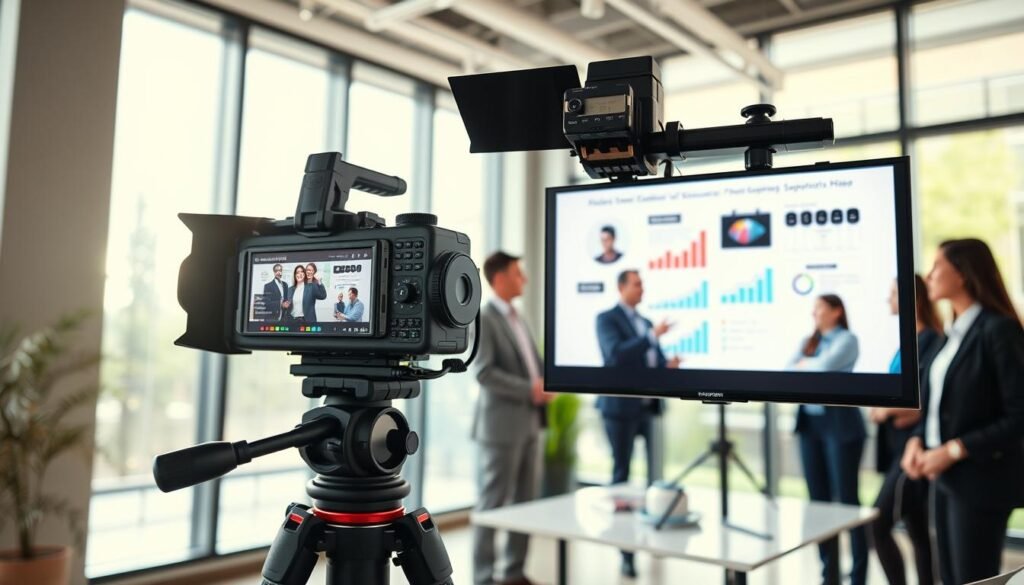 A vibrant and engaging image representing the concept of "video" in a professional context. In the foreground, a high-quality video camera on a sturdy tripod, capturing an ongoing corporate video presentation featuring a diverse group of business professionals dressed in smart attire, discussing ideas enthusiastically. The middle layer reveals a large screen displaying dynamic video content with graphs and infographics related to educational resources and support services. In the background, a modern office setting with bright, natural lighting pouring through large windows, enhancing a productive and inspiring atmosphere. The angle is slightly elevated, focusing on the camera and presenters, with a sense of urgency and excitement about knowledge sharing and decision-making. The overall mood conveys professionalism and innovation in video production. A vibrant and engaging image representing the concept of "video" in a professional context. In the foreground, a high-quality video camera on a sturdy tripod, capturing an ongoing corporate video presentation featuring a diverse group of business professionals dressed in smart attire, discussing ideas enthusiastically. The middle layer reveals a large screen displaying dynamic video content with graphs and infographics related to educational resources and support services. In the background, a modern office setting with bright, natural lighting pouring through large windows, enhancing a productive and inspiring atmosphere. The angle is slightly elevated, focusing on the camera and presenters, with a sense of urgency and excitement about knowledge sharing and decision-making. The overall mood conveys professionalism and innovation in video production.