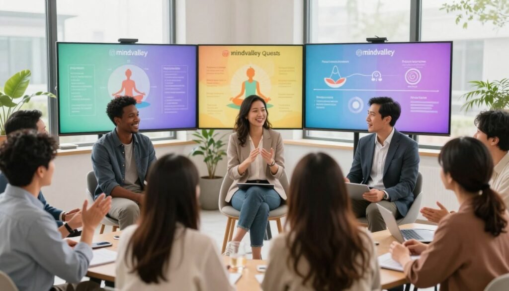 A vibrant and engaging scene showcasing notable instructors from Mindvalley, depicted in a cozy, modern learning environment. In the foreground, three diverse instructors of various ethnic backgrounds are shown engaging with an enthusiastic group of learners, illustrating a dynamic classroom atmosphere. The instructors are dressed in professional business attire, exuding confidence and warmth. In the middle ground, colorful visuals representing popular Mindvalley quests are displayed on digital screens, depicting themes of personal growth and enlightenment, such as meditation, wellness, and productivity. The background features a bright, airy space with large windows allowing natural light to illuminate the scene, creating an inviting and inspiring mood. The lens is slightly wide-angle, giving a sense of openness and community, while a soft, diffused glow adds to the uplifting ambiance of personal transformation and connection. A vibrant and engaging scene showcasing notable instructors from Mindvalley, depicted in a cozy, modern learning environment. In the foreground, three diverse instructors of various ethnic backgrounds are shown engaging with an enthusiastic group of learners, illustrating a dynamic classroom atmosphere. The instructors are dressed in professional business attire, exuding confidence and warmth. In the middle ground, colorful visuals representing popular Mindvalley quests are displayed on digital screens, depicting themes of personal growth and enlightenment, such as meditation, wellness, and productivity. The background features a bright, airy space with large windows allowing natural light to illuminate the scene, creating an inviting and inspiring mood. The lens is slightly wide-angle, giving a sense of openness and community, while a soft, diffused glow adds to the uplifting ambiance of personal transformation and connection.
