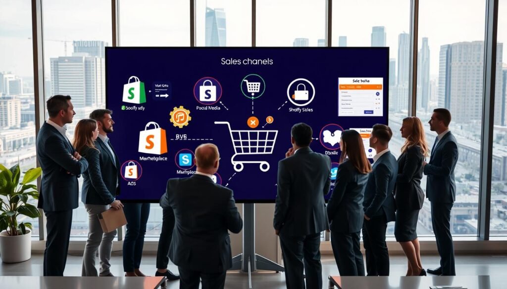 A vibrant and informative scene depicting multiple sales channels for an online store. In the foreground, a diverse group of professionals dressed in smart business attire collaborate around a large screen showcasing various e-commerce platforms like Shopify, social media icons, and popular marketplaces. In the middle, various sales channels like a shopping cart, social media ads, and a digital marketplace are visually represented through dynamic graphics. The background features a modern office setting with city skyline views, emphasizing a thriving business atmosphere. Soft, natural lighting enhances the engaging mood, while a slightly elevated angle provides a comprehensive overview of the sales strategy in action. The overall effect is one of collaboration and innovation in the e-commerce landscape. A vibrant and informative scene depicting multiple sales channels for an online store. In the foreground, a diverse group of professionals dressed in smart business attire collaborate around a large screen showcasing various e-commerce platforms like Shopify, social media icons, and popular marketplaces. In the middle, various sales channels like a shopping cart, social media ads, and a digital marketplace are visually represented through dynamic graphics. The background features a modern office setting with city skyline views, emphasizing a thriving business atmosphere. Soft, natural lighting enhances the engaging mood, while a slightly elevated angle provides a comprehensive overview of the sales strategy in action. The overall effect is one of collaboration and innovation in the e-commerce landscape.
