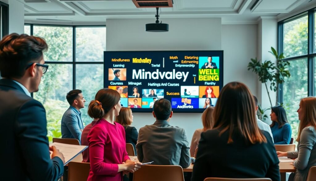 A vibrant and inspiring scene depicting a modern classroom setting focused on personal development and success. In the foreground, a diverse group of adults, dressed in professional business attire, engaged in interactive learning, discussing together and taking notes. In the middle ground, a large digital screen displays keywords related to Mindvalley courses, such as "Mindfulness," "Entrepreneurship," and "Well-Being," surrounded by colorful images representing various course topics. The background features a bright, airy room with large windows, natural light streaming in, and greenery visible outside, evoking a sense of positivity and growth. The overall mood is one of enthusiasm and motivation, captured with a warm color palette and soft ambient lighting, creating an inviting atmosphere for learning and self-improvement. A vibrant and inspiring scene depicting a modern classroom setting focused on personal development and success. In the foreground, a diverse group of adults, dressed in professional business attire, engaged in interactive learning, discussing together and taking notes. In the middle ground, a large digital screen displays keywords related to Mindvalley courses, such as "Mindfulness," "Entrepreneurship," and "Well-Being," surrounded by colorful images representing various course topics. The background features a bright, airy room with large windows, natural light streaming in, and greenery visible outside, evoking a sense of positivity and growth. The overall mood is one of enthusiasm and motivation, captured with a warm color palette and soft ambient lighting, creating an inviting atmosphere for learning and self-improvement.