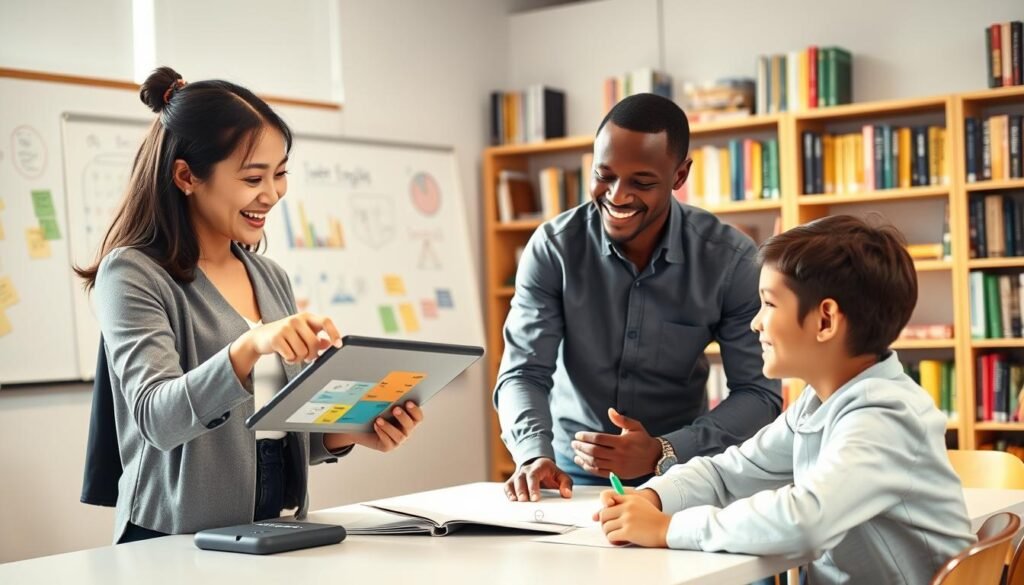A vibrant and inviting classroom setting featuring two professional tutors engaged in a lively lesson. In the foreground, a female tutor of Asian descent, dressed in smart casual attire, points at a digital tablet displaying English learning materials. Beside her, a male tutor with African descent, wearing a collared shirt, smiles and interacts with a student seated at a modern desk. The middle ground shows a large whiteboard filled with colorful notes and diagrams. In the background, bookshelves brimming with educational resources create a warm, stimulating environment. Soft, natural lighting streams through a window, casting a welcoming glow. The atmosphere is energetic and focused, highlighting the experience of personalized, interactive learning. A vibrant and inviting classroom setting featuring two professional tutors engaged in a lively lesson. In the foreground, a female tutor of Asian descent, dressed in smart casual attire, points at a digital tablet displaying English learning materials. Beside her, a male tutor with African descent, wearing a collared shirt, smiles and interacts with a student seated at a modern desk. The middle ground shows a large whiteboard filled with colorful notes and diagrams. In the background, bookshelves brimming with educational resources create a warm, stimulating environment. Soft, natural lighting streams through a window, casting a welcoming glow. The atmosphere is energetic and focused, highlighting the experience of personalized, interactive learning.