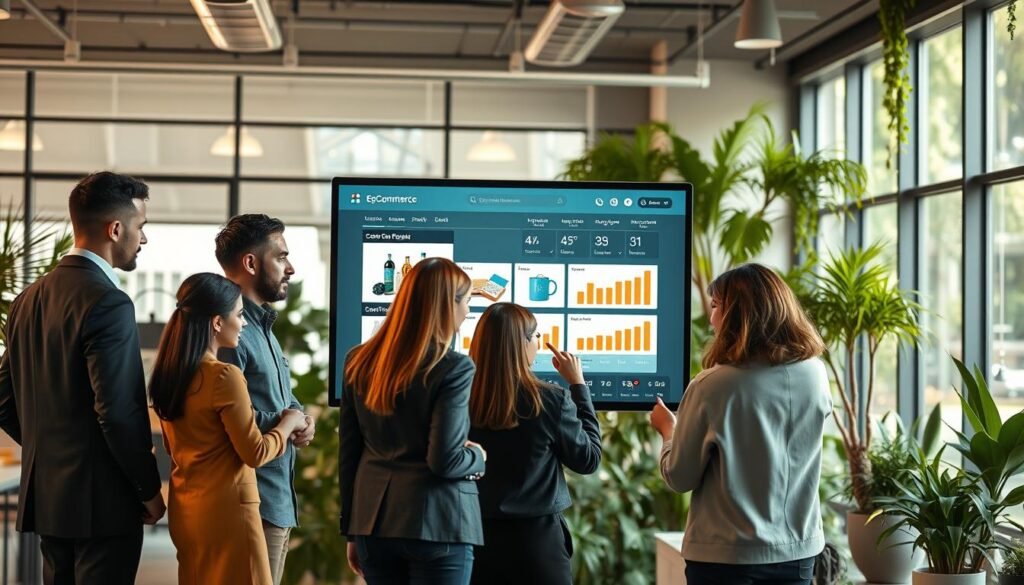A vibrant and modern e-commerce scene showcasing the integration of technology and commerce. In the foreground, a diverse group of business professionals, dressed in smart casual attire, engage around a sleek digital interface displaying products. The middle layer features a large, interactive screen showcasing an online store with products and graphs indicating customer engagement and sales metrics. In the background, a stylish office space filled with greenery and bright light filtering through large windows fosters a collaborative atmosphere. Soft, warm lighting enhances the scene, creating an inviting and professional feel. The image conveys innovation, teamwork, and the dynamic nature of e-commerce integrations, perfect for illustrating the section on online sales and lead collection. A vibrant and modern e-commerce scene showcasing the integration of technology and commerce. In the foreground, a diverse group of business professionals, dressed in smart casual attire, engage around a sleek digital interface displaying products. The middle layer features a large, interactive screen showcasing an online store with products and graphs indicating customer engagement and sales metrics. In the background, a stylish office space filled with greenery and bright light filtering through large windows fosters a collaborative atmosphere. Soft, warm lighting enhances the scene, creating an inviting and professional feel. The image conveys innovation, teamwork, and the dynamic nature of e-commerce integrations, perfect for illustrating the section on online sales and lead collection.