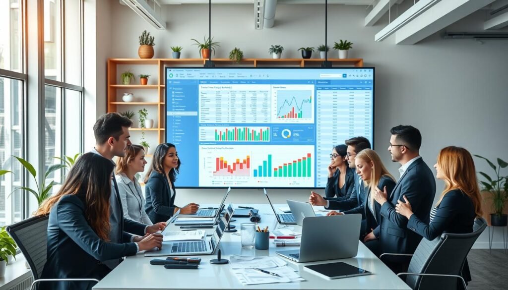 A vibrant and modern office environment featuring a large screen displaying Google Sheets with colorful, animated graphs and data visualizations. In the foreground, a diverse group of professionals in smart business attire collaboratively discussing data and strategies, with engaged expressions and gestures. In the middle, a sleek desk cluttered with laptops, tablets, and business documents, blending seamlessly into the high-tech ambiance. Soft, natural lighting pours in from large windows, creating a bright and welcoming atmosphere. The background includes shelves with plants and modern decor, emphasizing a productive and innovative workspace. The overall mood is inspiring and focused on collaboration and efficiency in business operations. A vibrant and modern office environment featuring a large screen displaying Google Sheets with colorful, animated graphs and data visualizations. In the foreground, a diverse group of professionals in smart business attire collaboratively discussing data and strategies, with engaged expressions and gestures. In the middle, a sleek desk cluttered with laptops, tablets, and business documents, blending seamlessly into the high-tech ambiance. Soft, natural lighting pours in from large windows, creating a bright and welcoming atmosphere. The background includes shelves with plants and modern decor, emphasizing a productive and innovative workspace. The overall mood is inspiring and focused on collaboration and efficiency in business operations.