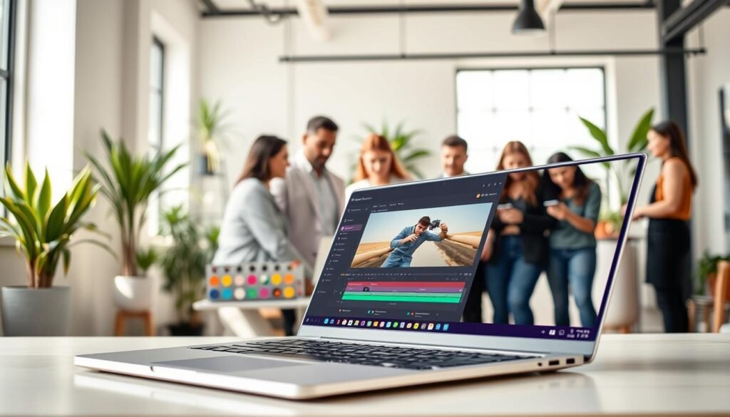 A vibrant and modern user interface for a video editing platform, displayed on a sleek laptop screen in a bright workspace. The foreground features the laptop open to an intuitive editing dashboard with colorful buttons and user-friendly tools, highlighting features for both beginners and advanced users. In the middle ground, a diverse group of professionals and beginners—dressed in smart casual attire—are engaged with the platform, showcasing collaboration and learning. The background depicts a well-lit, stylish office environment with plants and tech gadgets, creating an inviting atmosphere. Soft natural light streams in from a window, enhancing the inviting ambiance. The overall mood is professional yet approachable, emphasizing ease of use and functionality. A vibrant and modern user interface for a video editing platform, displayed on a sleek laptop screen in a bright workspace. The foreground features the laptop open to an intuitive editing dashboard with colorful buttons and user-friendly tools, highlighting features for both beginners and advanced users. In the middle ground, a diverse group of professionals and beginners—dressed in smart casual attire—are engaged with the platform, showcasing collaboration and learning. The background depicts a well-lit, stylish office environment with plants and tech gadgets, creating an inviting atmosphere. Soft natural light streams in from a window, enhancing the inviting ambiance. The overall mood is professional yet approachable, emphasizing ease of use and functionality.