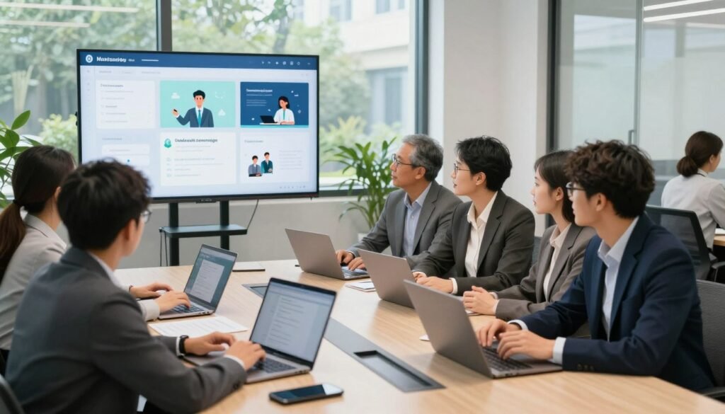 A vibrant business environment depicting ideal use cases for unified messaging. In the foreground, a diverse group of professionals, dressed in smart business attire, are engaged in discussions around a modern conference table, with laptops and smartphones in hand. In the middle ground, interactive digital displays showcase various applications of messaging tools, such as customer support, team collaboration, and sales interactions. The background features a bright office space with large windows and greenery visible outside, symbolizing connectivity and transparency. Use natural lighting that creates a warm and inviting atmosphere, captured from a slightly elevated angle to provide a comprehensive perspective. The overall mood should convey collaboration, innovation, and efficiency in business communication. A vibrant business environment depicting ideal use cases for unified messaging. In the foreground, a diverse group of professionals, dressed in smart business attire, are engaged in discussions around a modern conference table, with laptops and smartphones in hand. In the middle ground, interactive digital displays showcase various applications of messaging tools, such as customer support, team collaboration, and sales interactions. The background features a bright office space with large windows and greenery visible outside, symbolizing connectivity and transparency. Use natural lighting that creates a warm and inviting atmosphere, captured from a slightly elevated angle to provide a comprehensive perspective. The overall mood should convey collaboration, innovation, and efficiency in business communication.