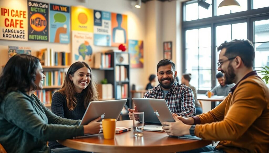 A vibrant community scene depicting diverse individuals engaged in language learning and collaboration. In the foreground, a small group of four people—two women and two men—sitting at a round table, each holding laptops, smiling and discussing language topics enthusiastically. The middle layer includes a cozy café environment, with bookshelves filled with language books and colorful posters promoting cultural exchange on the walls. In the background, a large window lets in warm, natural light, creating an inviting atmosphere. Soft focus on the window enhances the warmth, while a slight bokeh effect adds depth. The mood is dynamic, friendly, and supportive, showcasing the essence of community and shared learning. A vibrant community scene depicting diverse individuals engaged in language learning and collaboration. In the foreground, a small group of four people—two women and two men—sitting at a round table, each holding laptops, smiling and discussing language topics enthusiastically. The middle layer includes a cozy café environment, with bookshelves filled with language books and colorful posters promoting cultural exchange on the walls. In the background, a large window lets in warm, natural light, creating an inviting atmosphere. Soft focus on the window enhances the warmth, while a slight bokeh effect adds depth. The mood is dynamic, friendly, and supportive, showcasing the essence of community and shared learning.