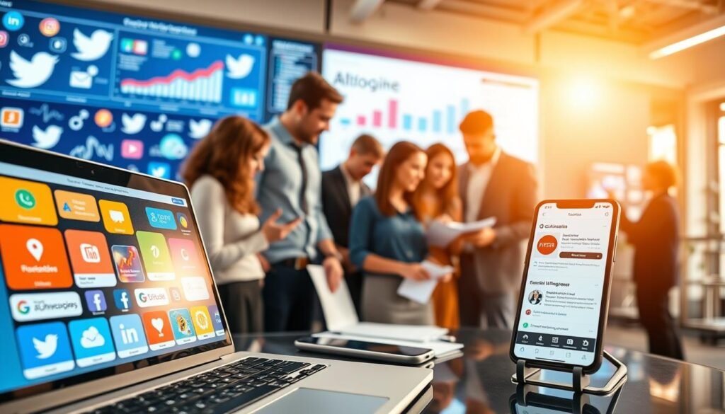 A vibrant digital workspace showcasing the essence of social media management. In the foreground, a laptop with an open webpage displaying colorful social media icons and analytics charts. Next to it, a smartphone displaying notification alerts and social media feeds. In the middle ground, a diverse group of professionals, dressed in smart casual attire, are collaborating and discussing strategies. They are engaged and focused, surrounded by notes and digital devices. The background features virtual elements like graphs, social media logos, and a large screen with a marketing dashboard, presenting a dynamic, tech-savvy atmosphere. The lighting is bright and energetic, reflecting a modern office environment, creating an inspiring and motivating mood. A vibrant digital workspace showcasing the essence of social media management. In the foreground, a laptop with an open webpage displaying colorful social media icons and analytics charts. Next to it, a smartphone displaying notification alerts and social media feeds. In the middle ground, a diverse group of professionals, dressed in smart casual attire, are collaborating and discussing strategies. They are engaged and focused, surrounded by notes and digital devices. The background features virtual elements like graphs, social media logos, and a large screen with a marketing dashboard, presenting a dynamic, tech-savvy atmosphere. The lighting is bright and energetic, reflecting a modern office environment, creating an inspiring and motivating mood.