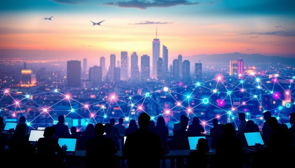 A vibrant, interconnected digital landscape representing a "Creator Network," featuring diverse creators and sponsors collaborating. In the foreground, silhouette-like figures of creators in professional business attire work on laptops, sharing ideas. The middle-ground showcases a network of colorful nodes and lines representing connections and recommendations, pulsing with energy. In the background, a futuristic city skyline symbolizes growth and opportunity, illuminated by soft, ambient lighting that casts a warm glow over the scene. The overall atmosphere is dynamic and inspiring, emphasizing innovation and teamwork, shot from a slightly elevated angle to capture the depth of the network. The lighting should create a sense of optimism and collaboration without any text or overlays. A vibrant, interconnected digital landscape representing a "Creator Network," featuring diverse creators and sponsors collaborating. In the foreground, silhouette-like figures of creators in professional business attire work on laptops, sharing ideas. The middle-ground showcases a network of colorful nodes and lines representing connections and recommendations, pulsing with energy. In the background, a futuristic city skyline symbolizes growth and opportunity, illuminated by soft, ambient lighting that casts a warm glow over the scene. The overall atmosphere is dynamic and inspiring, emphasizing innovation and teamwork, shot from a slightly elevated angle to capture the depth of the network. The lighting should create a sense of optimism and collaboration without any text or overlays.