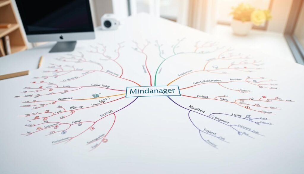A vibrant mind map spread across a clean white background, showcasing a variety of colorful branches representing different ideas and concepts. In the foreground, a meticulously drawn central node labeled "MindManager" with radiating lines and symbols illustrating features like brainstorming, organization, and project planning. The middle section features strategic nodes like "Business Applications," "Team Collaboration," and "Task Management," each adorned with relevant icons in soft pastels. The background subtly hints at a professional workspace, with blurred elements like a desk, computer, and notepads, illuminated by soft, natural light from a nearby window. The overall mood conveys clarity, creativity, and professionalism, inviting viewers to explore the benefits of mind mapping. A vibrant mind map spread across a clean white background, showcasing a variety of colorful branches representing different ideas and concepts. In the foreground, a meticulously drawn central node labeled "MindManager" with radiating lines and symbols illustrating features like brainstorming, organization, and project planning. The middle section features strategic nodes like "Business Applications," "Team Collaboration," and "Task Management," each adorned with relevant icons in soft pastels. The background subtly hints at a professional workspace, with blurred elements like a desk, computer, and notepads, illuminated by soft, natural light from a nearby window. The overall mood conveys clarity, creativity, and professionalism, inviting viewers to explore the benefits of mind mapping.