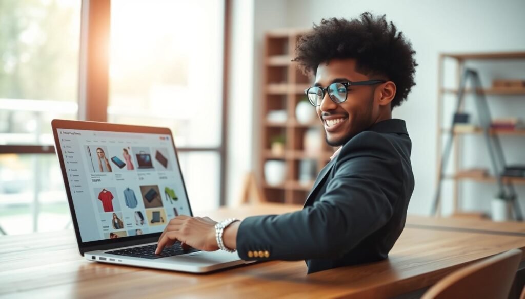 A vibrant online store scene showcasing a professional e-commerce website on a sleek laptop placed on a wooden desk. The foreground features a cheerful, well-dressed individual analyzing product listings on the screen, exuding a sense of accomplishment. In the middle ground, a variety of colorful product images can be seen, including electronics, clothing, and accessories displayed neatly on an organized digital interface. The background is softly blurred, depicting a modern, welcoming office environment with natural light streaming in through a window, creating a warm ambiance. The mood is focused and energetic, inviting viewers to explore the potential of online commerce. The composition is shot from a slight angle to include both the person and the screen clearly, emphasizing productivity and creativity. A vibrant online store scene showcasing a professional e-commerce website on a sleek laptop placed on a wooden desk. The foreground features a cheerful, well-dressed individual analyzing product listings on the screen, exuding a sense of accomplishment. In the middle ground, a variety of colorful product images can be seen, including electronics, clothing, and accessories displayed neatly on an organized digital interface. The background is softly blurred, depicting a modern, welcoming office environment with natural light streaming in through a window, creating a warm ambiance. The mood is focused and energetic, inviting viewers to explore the potential of online commerce. The composition is shot from a slight angle to include both the person and the screen clearly, emphasizing productivity and creativity.