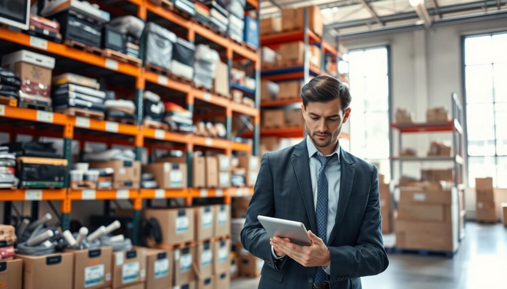 A vibrant, organized inventory warehouse scene featuring neatly stacked shelves filled with various products such as electronics, clothing, and household items. In the foreground, a professional-looking individual dressed in business attire is using a tablet to manage stock levels, reviewing items on a digital inventory system. The middle ground displays clearly labeled bins and boxes, showcasing an efficient layout for easy access. The background includes large windows allowing natural light to flood the space, creating a bright and inviting atmosphere. The overall mood should convey productivity and efficiency, capturing the essence of inventory management across platforms, with soft shadows and a shallow depth of field to focus on the subject and items. A vibrant, organized inventory warehouse scene featuring neatly stacked shelves filled with various products such as electronics, clothing, and household items. In the foreground, a professional-looking individual dressed in business attire is using a tablet to manage stock levels, reviewing items on a digital inventory system. The middle ground displays clearly labeled bins and boxes, showcasing an efficient layout for easy access. The background includes large windows allowing natural light to flood the space, creating a bright and inviting atmosphere. The overall mood should convey productivity and efficiency, capturing the essence of inventory management across platforms, with soft shadows and a shallow depth of field to focus on the subject and items.
