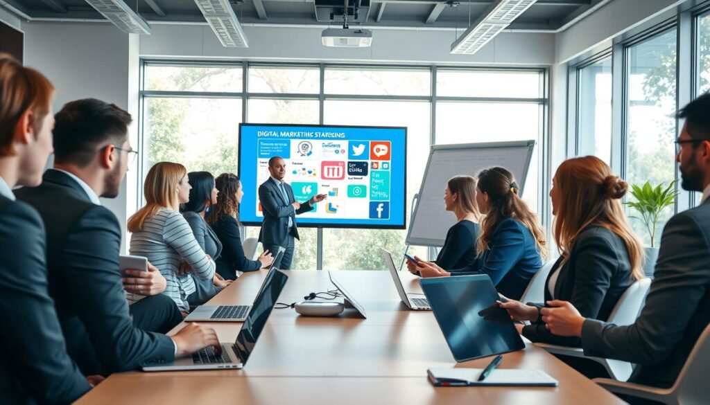 A vibrant scene of a live training session focusing on digital marketing, set in a modern conference room. In the foreground, a diverse group of professionals, dressed in smart business attire, engage attentively; there are laptops open, and some are taking notes. The middle ground features a dynamic instructor standing next to a large digital screen displaying engaging graphics related to social media strategies. In the background, large windows let in natural light, creating a bright and inviting atmosphere, with hints of greenery visible outside. The room is equipped with modern technology like projectors and interactive whiteboards. The mood is energetic and collaborative, reflecting enthusiasm for learning and sharing knowledge. Capture the essence of professional growth and innovative ideas in this lively environment. A vibrant scene of a live training session focusing on digital marketing, set in a modern conference room. In the foreground, a diverse group of professionals, dressed in smart business attire, engage attentively; there are laptops open, and some are taking notes. The middle ground features a dynamic instructor standing next to a large digital screen displaying engaging graphics related to social media strategies. In the background, large windows let in natural light, creating a bright and inviting atmosphere, with hints of greenery visible outside. The room is equipped with modern technology like projectors and interactive whiteboards. The mood is energetic and collaborative, reflecting enthusiasm for learning and sharing knowledge. Capture the essence of professional growth and innovative ideas in this lively environment.