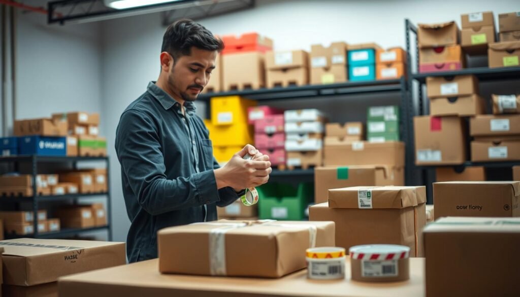 A vibrant scene of a modern shipping workspace, focusing on an organized packing station. In the foreground, a professional packer in smart casual clothing carefully wraps a beautifully designed product in eco-friendly packaging materials. The middle ground showcases an array of colorful boxes and branded tape, emphasizing customization for unboxing experiences. In the background, shelves neatly stocked with packed boxes and shipping supplies create a sense of order. Soft, diffused lighting illuminates the workspace, casting gentle shadows for depth. The atmosphere is efficient yet creative, capturing the essence of meticulous packing and personalized customer experience. The perspective is slightly angled, offering a dynamic view of the packing process without any text or distractions. A vibrant scene of a modern shipping workspace, focusing on an organized packing station. In the foreground, a professional packer in smart casual clothing carefully wraps a beautifully designed product in eco-friendly packaging materials. The middle ground showcases an array of colorful boxes and branded tape, emphasizing customization for unboxing experiences. In the background, shelves neatly stocked with packed boxes and shipping supplies create a sense of order. Soft, diffused lighting illuminates the workspace, casting gentle shadows for depth. The atmosphere is efficient yet creative, capturing the essence of meticulous packing and personalized customer experience. The perspective is slightly angled, offering a dynamic view of the packing process without any text or distractions.