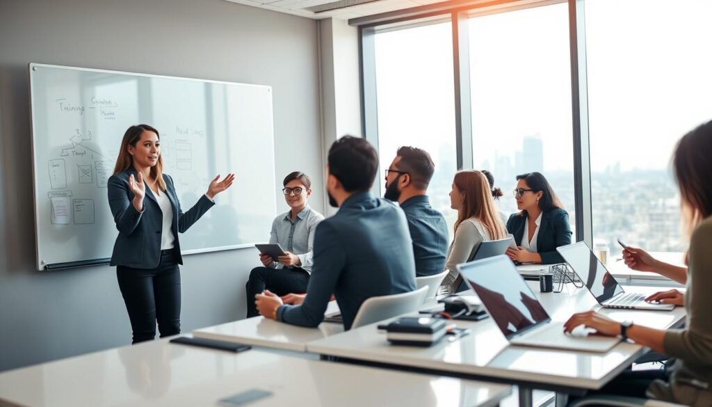 A vibrant training environment in a modern office setting, showcasing a diverse group of new employees engaged in a hands-on training session. In the foreground, a well-dressed female instructor, gesturing enthusiastically at a digital whiteboard filled with diagrams and notes. In the middle ground, a multi-ethnic group of trainees seated at sleek desks, attentively taking notes on tablets and laptops, dressed in business casual attire. The background features large windows allowing natural light to flood the space, creating an inviting and dynamic atmosphere. The scene captures a sense of collaboration and innovation, with a soft focus on the outside skyline. Use bright, upbeat lighting to emphasize motivation and forward-thinking. A vibrant training environment in a modern office setting, showcasing a diverse group of new employees engaged in a hands-on training session. In the foreground, a well-dressed female instructor, gesturing enthusiastically at a digital whiteboard filled with diagrams and notes. In the middle ground, a multi-ethnic group of trainees seated at sleek desks, attentively taking notes on tablets and laptops, dressed in business casual attire. The background features large windows allowing natural light to flood the space, creating an inviting and dynamic atmosphere. The scene captures a sense of collaboration and innovation, with a soft focus on the outside skyline. Use bright, upbeat lighting to emphasize motivation and forward-thinking.