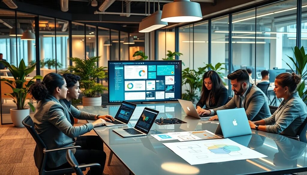 A vibrant workspace scene illustrating Pabbly Connect, showcasing a diverse group of professionals in a modern office environment, engrossed in automating workflows without code. In the foreground, a few individuals in smart casual attire are collaborating at a sleek, tech-filled conference table, discussing visual diagrams on their laptops. The middle ground features a digital screen displaying dashboards and flowcharts, symbolizing integration and automation. The background portrays a contemporary office with glass walls, green plants, and warm lighting, creating an inviting atmosphere. The overall mood is dynamic and productive, emphasizing creativity and collaboration in business processes, captured with a wide-angle lens to include all elements harmoniously. A vibrant workspace scene illustrating Pabbly Connect, showcasing a diverse group of professionals in a modern office environment, engrossed in automating workflows without code. In the foreground, a few individuals in smart casual attire are collaborating at a sleek, tech-filled conference table, discussing visual diagrams on their laptops. The middle ground features a digital screen displaying dashboards and flowcharts, symbolizing integration and automation. The background portrays a contemporary office with glass walls, green plants, and warm lighting, creating an inviting atmosphere. The overall mood is dynamic and productive, emphasizing creativity and collaboration in business processes, captured with a wide-angle lens to include all elements harmoniously.