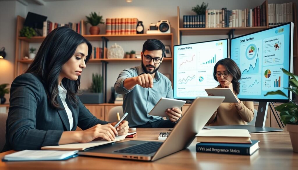 A vibrant workspace showcasing a diverse group of professionals engaged in content writing and SEO strategies. In the foreground, a thoughtful woman in business attire types on a laptop, with a notepad filled with ideas beside her. In the middle ground, a focused man points at a digital screen displaying analytics and SEO graphs, while another individual, a woman with glasses, reviews content on her tablet. The background features shelves lined with books on digital marketing and SEO tools, with soft lighting casting a warm glow on the scene. An inviting atmosphere emphasizes creativity and collaboration, ideal for freelancers, marketers, and SEO experts. The image should have a clear, well-defined angle, capturing a dynamic moment of teamwork and inspiration. A vibrant workspace showcasing a diverse group of professionals engaged in content writing and SEO strategies. In the foreground, a thoughtful woman in business attire types on a laptop, with a notepad filled with ideas beside her. In the middle ground, a focused man points at a digital screen displaying analytics and SEO graphs, while another individual, a woman with glasses, reviews content on her tablet. The background features shelves lined with books on digital marketing and SEO tools, with soft lighting casting a warm glow on the scene. An inviting atmosphere emphasizes creativity and collaboration, ideal for freelancers, marketers, and SEO experts. The image should have a clear, well-defined angle, capturing a dynamic moment of teamwork and inspiration.