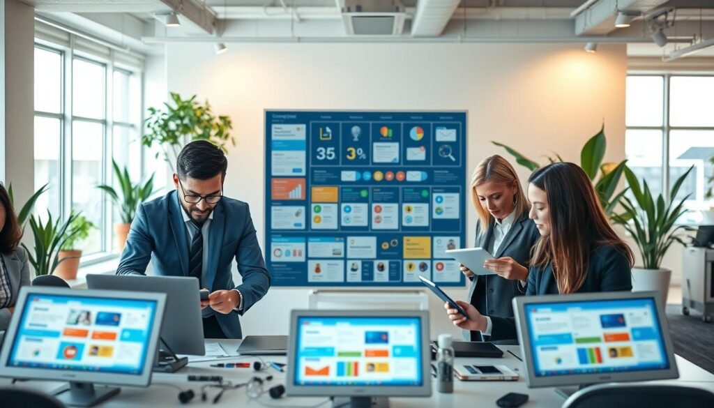 A vibrant workspace showcasing various email campaign strategies in an office environment. In the foreground, a diverse group of professionals in smart business attire collaborates over digital devices, examining colorful email templates on screens. The middle section features a large, detailed infographic on a digital board, illustrating metrics and campaign types with eye-catching icons. The background contains stylish office decor with potted plants, giving a fresh and inviting atmosphere. Bright, natural lighting filters through large windows, casting a warm glow that enhances the productivity vibe. The overall mood is creative and focused, reflecting the innovative spirit of email marketing in 2023. A vibrant workspace showcasing various email campaign strategies in an office environment. In the foreground, a diverse group of professionals in smart business attire collaborates over digital devices, examining colorful email templates on screens. The middle section features a large, detailed infographic on a digital board, illustrating metrics and campaign types with eye-catching icons. The background contains stylish office decor with potted plants, giving a fresh and inviting atmosphere. Bright, natural lighting filters through large windows, casting a warm glow that enhances the productivity vibe. The overall mood is creative and focused, reflecting the innovative spirit of email marketing in 2023.