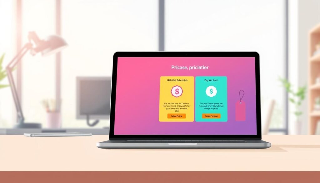 A visually appealing illustration depicting the pricing options of Placeit. In the foreground, a sleek digital device (laptop or tablet) displays a vibrant, organized interface showing three pricing tiers: "Free," "Unlimited Subscription," and "Pay-per-Item," with clear icons representing each option. The middle ground should include representative graphics like a dollar sign, a subscription badge, and a single purchase tag to visually enhance each tier. The background features a modern workspace setting with soft natural lighting filtering through a large window, creating a professional yet inviting atmosphere. The overall mood should be clear, informative, and engaging, suitable for an article on design purchasing options. A visually appealing illustration depicting the pricing options of Placeit. In the foreground, a sleek digital device (laptop or tablet) displays a vibrant, organized interface showing three pricing tiers: "Free," "Unlimited Subscription," and "Pay-per-Item," with clear icons representing each option. The middle ground should include representative graphics like a dollar sign, a subscription badge, and a single purchase tag to visually enhance each tier. The background features a modern workspace setting with soft natural lighting filtering through a large window, creating a professional yet inviting atmosphere. The overall mood should be clear, informative, and engaging, suitable for an article on design purchasing options.