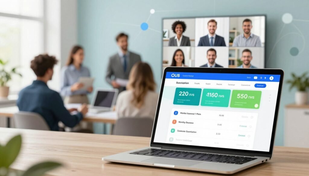 A visually appealing illustration of a monthly subscription plan for an online tutoring service, featuring a sleek, modern layout. In the foreground, a stylish laptop displays a vibrant subscription dashboard, with features like various plans, pricing tiers, and a user-friendly interface. In the middle ground, a diverse group of professional tutors, dressed in business attire, engage in online sessions, showcasing collaboration and expertise. The background features abstract shapes symbolizing online connectivity and learning, with a soft color palette of blues and greens to evoke trust and knowledge. Natural lighting highlights the scene, creating an inviting and warm atmosphere, while a slightly tilted angle captures depth and engagement. The overall mood is optimistic and professional, reflecting the innovative nature of online education. A visually appealing illustration of a monthly subscription plan for an online tutoring service, featuring a sleek, modern layout. In the foreground, a stylish laptop displays a vibrant subscription dashboard, with features like various plans, pricing tiers, and a user-friendly interface. In the middle ground, a diverse group of professional tutors, dressed in business attire, engage in online sessions, showcasing collaboration and expertise. The background features abstract shapes symbolizing online connectivity and learning, with a soft color palette of blues and greens to evoke trust and knowledge. Natural lighting highlights the scene, creating an inviting and warm atmosphere, while a slightly tilted angle captures depth and engagement. The overall mood is optimistic and professional, reflecting the innovative nature of online education.