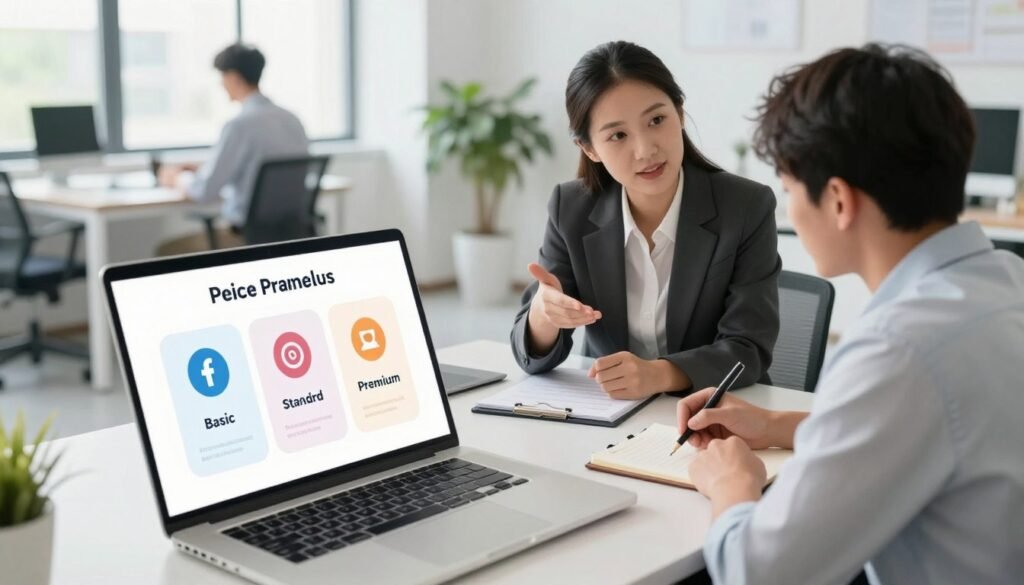 A visually appealing illustration of social media management pricing plans, set in a modern office environment. In the foreground, a stylish laptop displays an open document with three clearly defined pricing tiers, each featuring icons symbolizing different levels of service: basic, standard, and premium. In the middle, a professional businesswoman dressed in smart attire attentively discusses these plans with a colleague, who is taking notes. The background showcases a bright, well-lit office space with minimalistic decor, large windows allowing for natural light, and greenery. The atmosphere is one of collaboration and professionalism, evoking a sense of clarity and decision-making. Use an aerial view to capture the bustling workspace, with a soft focus on the pricing plan details, emphasizing the strategic discussion happening in the foreground. A visually appealing illustration of social media management pricing plans, set in a modern office environment. In the foreground, a stylish laptop displays an open document with three clearly defined pricing tiers, each featuring icons symbolizing different levels of service: basic, standard, and premium. In the middle, a professional businesswoman dressed in smart attire attentively discusses these plans with a colleague, who is taking notes. The background showcases a bright, well-lit office space with minimalistic decor, large windows allowing for natural light, and greenery. The atmosphere is one of collaboration and professionalism, evoking a sense of clarity and decision-making. Use an aerial view to capture the bustling workspace, with a soft focus on the pricing plan details, emphasizing the strategic discussion happening in the foreground.