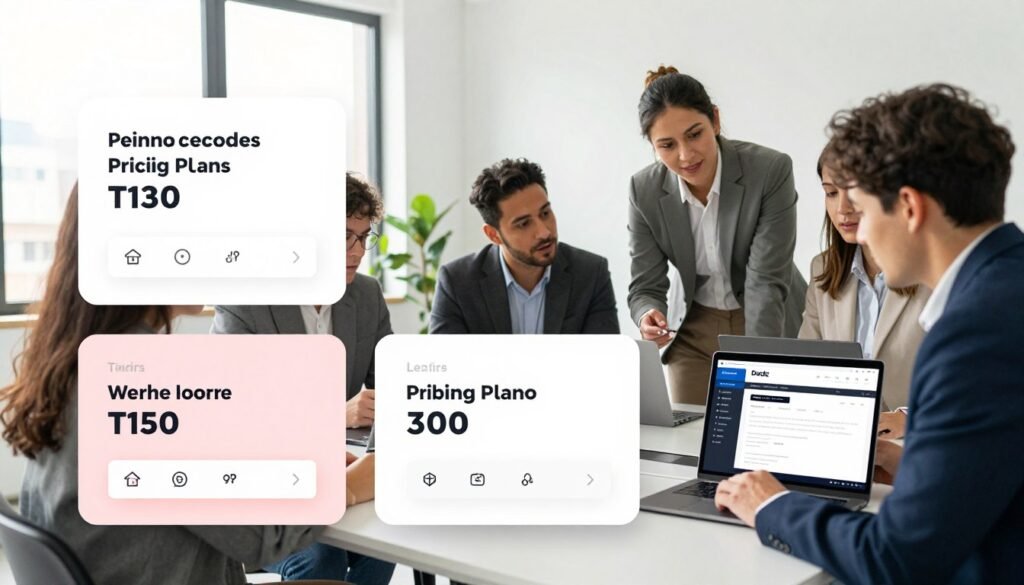 A visually appealing layout of website builder pricing plans, featuring three distinct tiers, each represented by colorful cards. In the foreground, the cards display pricing details and feature highlights with simple, elegant icons. The middle ground shows a modern office environment, where a diverse group of professionals in business attire are discussing the plans collaboratively. A sleek laptop and a digital tablet are on the table, showcasing the Duda website builder interface. In the background, a bright and airy office with large windows allows natural light to illuminate the scene. The atmosphere is focused and professional, conveying a sense of informed decision-making. The composition is captured from a slightly elevated angle to provide a comprehensive view of the pricing cards and the engaged individuals. A visually appealing layout of website builder pricing plans, featuring three distinct tiers, each represented by colorful cards. In the foreground, the cards display pricing details and feature highlights with simple, elegant icons. The middle ground shows a modern office environment, where a diverse group of professionals in business attire are discussing the plans collaboratively. A sleek laptop and a digital tablet are on the table, showcasing the Duda website builder interface. In the background, a bright and airy office with large windows allows natural light to illuminate the scene. The atmosphere is focused and professional, conveying a sense of informed decision-making. The composition is captured from a slightly elevated angle to provide a comprehensive view of the pricing cards and the engaged individuals.