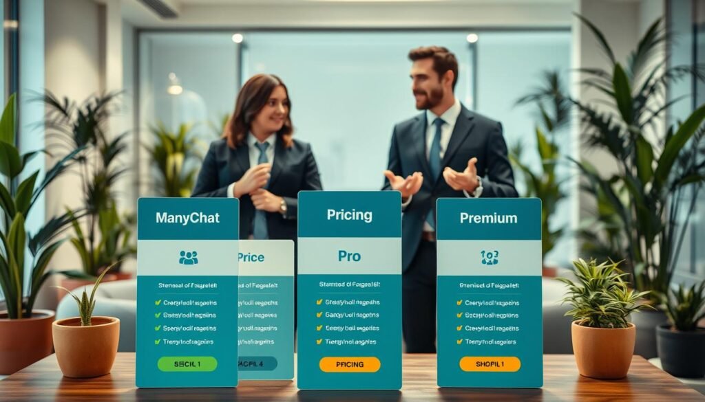 A visually appealing representation of pricing plans for ManyChat, set against a clean, modern backdrop. In the foreground, stylishly designed pricing tables showcasing three tiers: Basic, Pro, and Premium, each with distinct colors and icons. The middle section features professional business attire-clad individuals—one man and one woman—discussing the plans, gesturing towards the tables. The background is a sleek office environment filled with plants and soft lighting to create a welcoming atmosphere. Use a warm color palette to evoke a sense of trust and professionalism. The angle should provide a slightly elevated view, focusing on the interaction between the individuals and the pricing tables, while ensuring clarity without text or distractions. A visually appealing representation of pricing plans for ManyChat, set against a clean, modern backdrop. In the foreground, stylishly designed pricing tables showcasing three tiers: Basic, Pro, and Premium, each with distinct colors and icons. The middle section features professional business attire-clad individuals—one man and one woman—discussing the plans, gesturing towards the tables. The background is a sleek office environment filled with plants and soft lighting to create a welcoming atmosphere. Use a warm color palette to evoke a sense of trust and professionalism. The angle should provide a slightly elevated view, focusing on the interaction between the individuals and the pricing tables, while ensuring clarity without text or distractions.