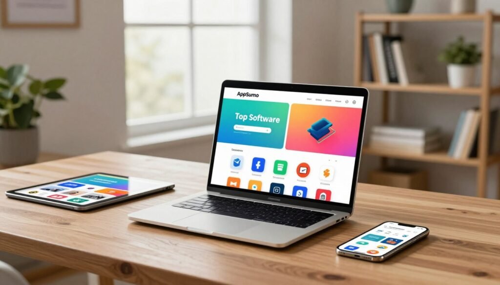 A visually appealing workspace showcasing a selection of top software deals, with a modern laptop open displaying a vibrant AppSumo interface filled with enticing software icons. In the foreground, a stylish desk with neatly arranged digital devices, including a tablet and smartphone, both showing various software applications. In the middle ground, soft natural light filters through a large window, casting a warm glow over the scene and enhancing the polished wood grain of the desk. The background features a minimalist bookshelf filled with tech-related books and indoor plants, creating a fresh, inviting atmosphere. The mood is professional yet inspiring, emphasizing innovation and opportunity in the software world. The image is captured with a shallow depth of field, focusing on the laptop while softly blurring the background elements. A visually appealing workspace showcasing a selection of top software deals, with a modern laptop open displaying a vibrant AppSumo interface filled with enticing software icons. In the foreground, a stylish desk with neatly arranged digital devices, including a tablet and smartphone, both showing various software applications. In the middle ground, soft natural light filters through a large window, casting a warm glow over the scene and enhancing the polished wood grain of the desk. The background features a minimalist bookshelf filled with tech-related books and indoor plants, creating a fresh, inviting atmosphere. The mood is professional yet inspiring, emphasizing innovation and opportunity in the software world. The image is captured with a shallow depth of field, focusing on the laptop while softly blurring the background elements.