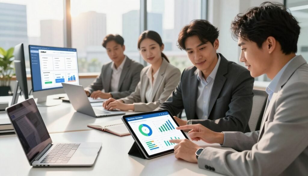 A visually compelling office environment showcasing the advantages of field service management software. In the foreground, a diverse group of professionals dressed in smart business attire collaborates around a large tablet displaying vibrant charts and graphs, illustrating efficiency and productivity. In the middle ground, a sleek modern desk with a laptop and notebooks symbolizes organization, while a floating interface displaying Jobber’s features is subtly integrated. In the background, large windows offer a view of a bustling cityscape bathed in warm, natural sunlight, creating an inspiring atmosphere. Soft light casts gentle shadows, enhancing a sense of focus and teamwork. The overall mood is upbeat and professional, emphasizing the benefits of streamlined operations and improved communication. A visually compelling office environment showcasing the advantages of field service management software. In the foreground, a diverse group of professionals dressed in smart business attire collaborates around a large tablet displaying vibrant charts and graphs, illustrating efficiency and productivity. In the middle ground, a sleek modern desk with a laptop and notebooks symbolizes organization, while a floating interface displaying Jobber’s features is subtly integrated. In the background, large windows offer a view of a bustling cityscape bathed in warm, natural sunlight, creating an inspiring atmosphere. Soft light casts gentle shadows, enhancing a sense of focus and teamwork. The overall mood is upbeat and professional, emphasizing the benefits of streamlined operations and improved communication.
