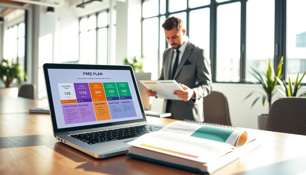 A visually engaging and informative depiction of a "free plan" for content writing services. In the foreground, a modern computer desk displays a sleek laptop open to a vibrant, user-friendly interface showcasing pricing tiers and features. Nearby, an organized notebook with colorful tabs highlights key offerings of the free plan. In the middle ground, a professional individual dressed in business attire is reviewing the digital content on the laptop, exuding focus and determination. The background features a bright, sunny office space with large windows letting in natural light, fostering a productive atmosphere. Soft shadows enhance the depth of the scene, while the overall mood reflects optimism and clarity in making informed choices. A visually engaging and informative depiction of a "free plan" for content writing services. In the foreground, a modern computer desk displays a sleek laptop open to a vibrant, user-friendly interface showcasing pricing tiers and features. Nearby, an organized notebook with colorful tabs highlights key offerings of the free plan. In the middle ground, a professional individual dressed in business attire is reviewing the digital content on the laptop, exuding focus and determination. The background features a bright, sunny office space with large windows letting in natural light, fostering a productive atmosphere. Soft shadows enhance the depth of the scene, while the overall mood reflects optimism and clarity in making informed choices.