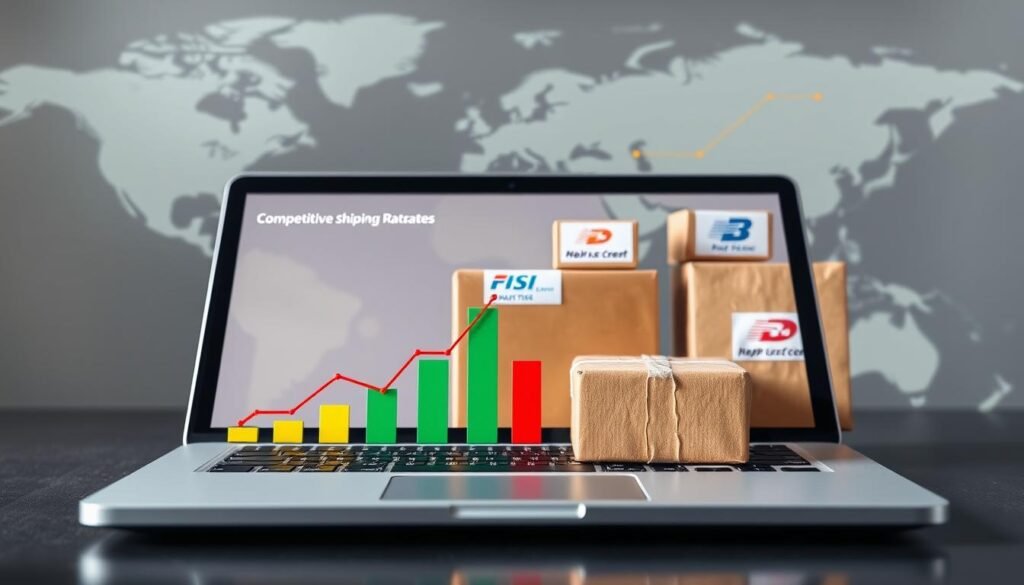 A visually engaging and informative illustration of shipping rates to accompany an article. In the foreground, depict a sleek laptop displaying a graph with competitive shipping rates from various companies; use vibrant colors like green for low rates and red for high rates. In the middle ground, artistically arranged packages and shipping labels, each labeled with different shipping companies' logos. These elements should create a sense of comparison. The background can feature a world map subtly integrated with shipping routes highlighted. Soft, natural lighting emphasizes clarity and professionalism, while a slight tilt-down angle gives depth. The overall mood conveys trust and reliability in a modern, digital shipping context. A visually engaging and informative illustration of shipping rates to accompany an article. In the foreground, depict a sleek laptop displaying a graph with competitive shipping rates from various companies; use vibrant colors like green for low rates and red for high rates. In the middle ground, artistically arranged packages and shipping labels, each labeled with different shipping companies' logos. These elements should create a sense of comparison. The background can feature a world map subtly integrated with shipping routes highlighted. Soft, natural lighting emphasizes clarity and professionalism, while a slight tilt-down angle gives depth. The overall mood conveys trust and reliability in a modern, digital shipping context.