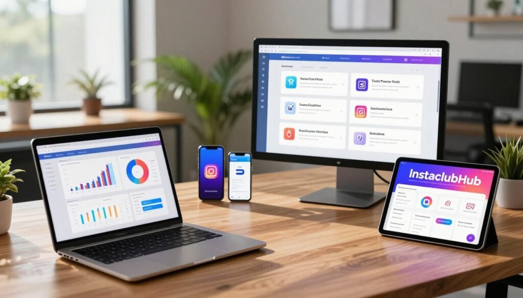 A visually engaging and informative scene depicting a professional workspace designed for comparing Instagram growth solutions. In the foreground, a sleek wooden desk holds a laptop displaying detailed analytics graphs and visuals of Instagram engagement metrics. Beside it, a tablet shows a vibrant user interface of InstaclubHub, highlighting its key features. In the middle ground, multiple digital devices, like smartphones and a large monitor, present a side-by-side comparison of different growth tools, emphasizing their unique attributes. The background features an inviting and modern office environment filled with greenery, creating a productive atmosphere. Soft, natural lighting streams in through a large window, casting gentle shadows and enhancing the clarity of the devices. The overall mood is professional yet approachable, inviting viewers to explore effective social media management strategies. A visually engaging and informative scene depicting a professional workspace designed for comparing Instagram growth solutions. In the foreground, a sleek wooden desk holds a laptop displaying detailed analytics graphs and visuals of Instagram engagement metrics. Beside it, a tablet shows a vibrant user interface of InstaclubHub, highlighting its key features. In the middle ground, multiple digital devices, like smartphones and a large monitor, present a side-by-side comparison of different growth tools, emphasizing their unique attributes. The background features an inviting and modern office environment filled with greenery, creating a productive atmosphere. Soft, natural lighting streams in through a large window, casting gentle shadows and enhancing the clarity of the devices. The overall mood is professional yet approachable, inviting viewers to explore effective social media management strategies.