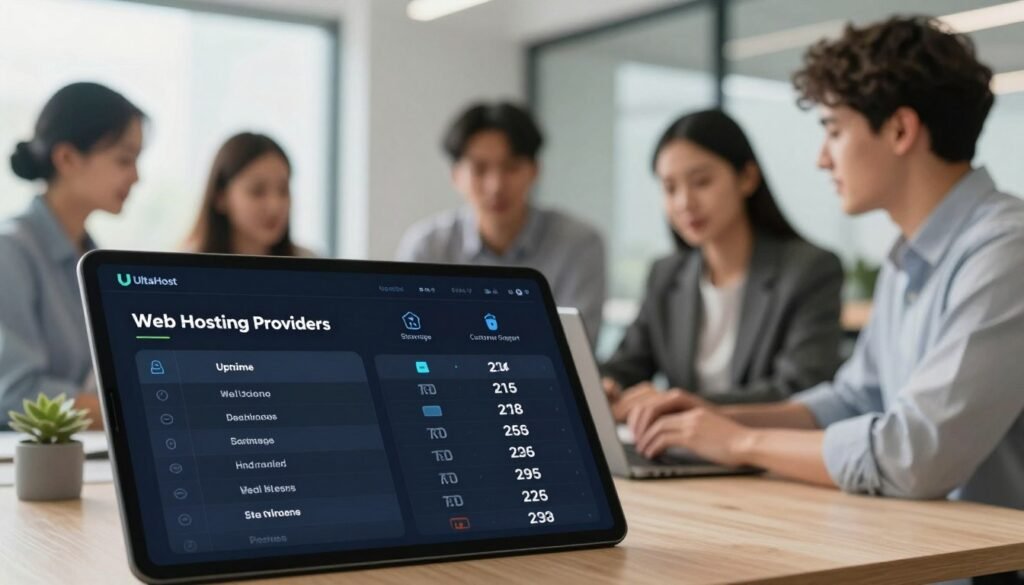 A visually engaging comparison chart highlighting various web hosting providers, with UltaHost prominently featured. In the foreground, a sleek digital interface displays a side-by-side comparison of features such as uptime, speed, and pricing, designed in a modern, user-friendly style. The middle layer showcases icons representing different hosting features like storage, customer support, and security, creatively arranged for clarity. In the background, a soft-focus office environment conveys professionalism, with a blurred image of a diverse group of professionals in business attire discussing technology solutions. The lighting is bright and inviting, emphasizing a sense of innovation and trust. The angle captures the entire setup dynamically, creating an atmosphere of growth and informed decision-making. A visually engaging comparison chart highlighting various web hosting providers, with UltaHost prominently featured. In the foreground, a sleek digital interface displays a side-by-side comparison of features such as uptime, speed, and pricing, designed in a modern, user-friendly style. The middle layer showcases icons representing different hosting features like storage, customer support, and security, creatively arranged for clarity. In the background, a soft-focus office environment conveys professionalism, with a blurred image of a diverse group of professionals in business attire discussing technology solutions. The lighting is bright and inviting, emphasizing a sense of innovation and trust. The angle captures the entire setup dynamically, creating an atmosphere of growth and informed decision-making.