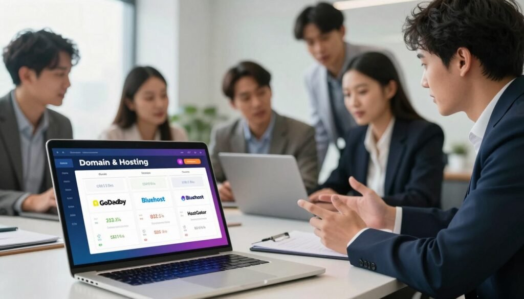 A visually engaging comparison chart of domain and hosting services, showcasing Namecheap alongside its main competitors like GoDaddy, Bluehost, and HostGator. In the foreground, a sleek laptop displays a vibrant graphic interface with key metrics and logos of each company, symbolizing a tech-savvy environment. The middle ground features diverse professionals in business attire, actively discussing the comparison with enthusiasm, conveying a collaborative atmosphere. In the background, a modern office setting with soft natural lighting creates a dynamic yet professional mood. Use a wide-angle lens to emphasize the interaction, capturing the essence of informed decision-making in the realm of web services. A polished, clean design without any text or logos, ensuring clarity and focus on the subject matter. A visually engaging comparison chart of domain and hosting services, showcasing Namecheap alongside its main competitors like GoDaddy, Bluehost, and HostGator. In the foreground, a sleek laptop displays a vibrant graphic interface with key metrics and logos of each company, symbolizing a tech-savvy environment. The middle ground features diverse professionals in business attire, actively discussing the comparison with enthusiasm, conveying a collaborative atmosphere. In the background, a modern office setting with soft natural lighting creates a dynamic yet professional mood. Use a wide-angle lens to emphasize the interaction, capturing the essence of informed decision-making in the realm of web services. A polished, clean design without any text or logos, ensuring clarity and focus on the subject matter.
