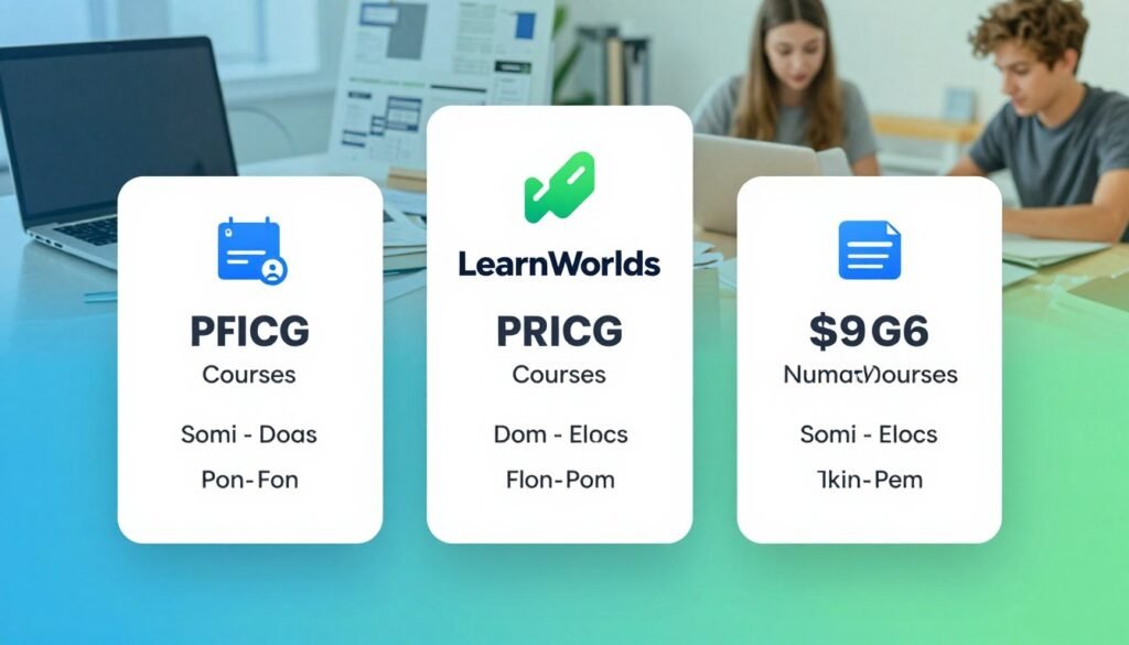 A visually engaging comparison chart showcasing LearnWorlds pricing plans. In the foreground, display three distinct pricing tiers, each represented by sleek, modern cards with clear icons and highlights of key features such as pricing, number of courses, and additional benefits. In the middle, use a subtle gradient background with soft blues and greens to convey professionalism and trust. In the background, include faded images of online course elements like a laptop, educational materials, and students engaging, symbolizing the learning environment. The lighting should be bright and evenly distributed to enhance clarity and focus. Aim for a clean and informative layout that reflects a modern digital platform, creating a mood of excitement and opportunity in online education. A visually engaging comparison chart showcasing LearnWorlds pricing plans. In the foreground, display three distinct pricing tiers, each represented by sleek, modern cards with clear icons and highlights of key features such as pricing, number of courses, and additional benefits. In the middle, use a subtle gradient background with soft blues and greens to convey professionalism and trust. In the background, include faded images of online course elements like a laptop, educational materials, and students engaging, symbolizing the learning environment. The lighting should be bright and evenly distributed to enhance clarity and focus. Aim for a clean and informative layout that reflects a modern digital platform, creating a mood of excitement and opportunity in online education.