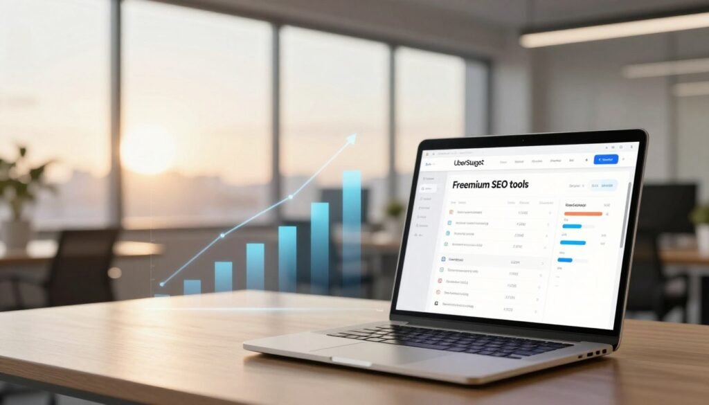 A visually engaging depiction of the evolution of freemium SEO tools, with a strong focus on UberSuggest. In the foreground, a polished laptop displaying an interactive SEO dashboard featuring keyword metrics and analytics. In the middle ground, an abstract visualization of rising charts and graphs, symbolizing growth and progress in digital marketing. The background showcases a modern office environment with large windows letting in soft daylight, casting a warm and inviting glow. The atmosphere should be optimistic and innovative, highlighting the transformative power of SEO tools in achieving online success. The composition should feature a slight angle, giving depth to the workspace, while maintaining a clean and professional aesthetic. A visually engaging depiction of the evolution of freemium SEO tools, with a strong focus on UberSuggest. In the foreground, a polished laptop displaying an interactive SEO dashboard featuring keyword metrics and analytics. In the middle ground, an abstract visualization of rising charts and graphs, symbolizing growth and progress in digital marketing. The background showcases a modern office environment with large windows letting in soft daylight, casting a warm and inviting glow. The atmosphere should be optimistic and innovative, highlighting the transformative power of SEO tools in achieving online success. The composition should feature a slight angle, giving depth to the workspace, while maintaining a clean and professional aesthetic.