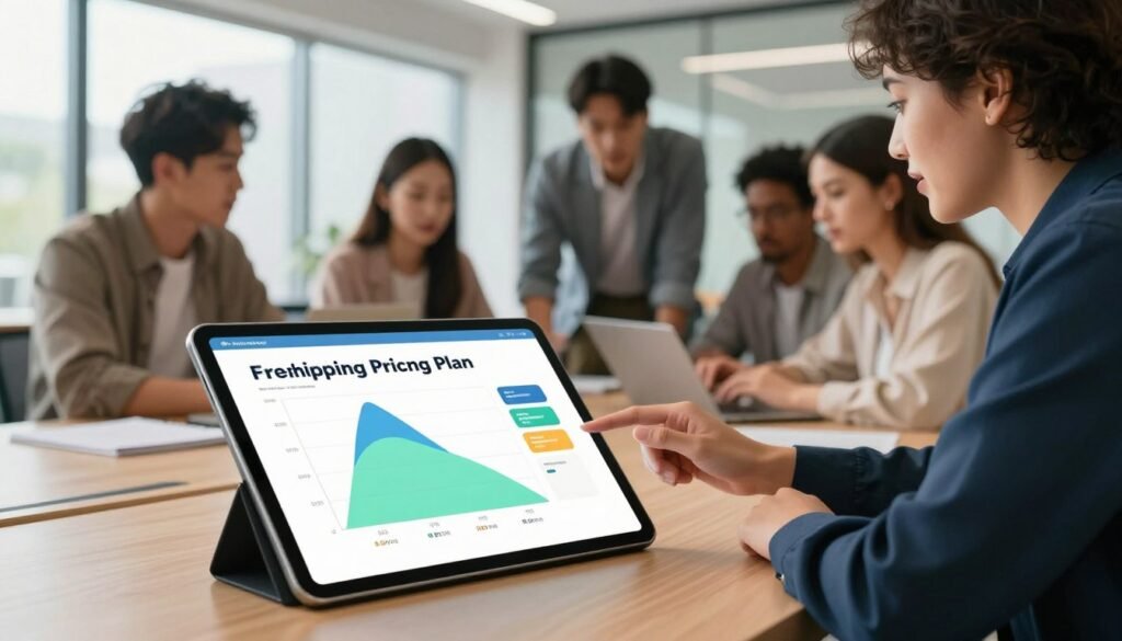 A visually engaging illustration depicting flexible shipping pricing plans. In the foreground, a sleek digital tablet displays a colorful interactive chart highlighting various shipping plans with distinct price tiers and options. The middle ground features a diverse group of professionals in smart casual attire, gathered around a table, analyzing the charts and discussing their shipping needs. In the background, a modern office setting with large windows allows natural light to flood the space, creating an inviting and productive atmosphere. Soft shadows enhance the depth of the scene, and the overall color palette combines warm tones with cool accents to evoke a sense of collaboration and innovation. The composition should focus on clarity and professionalism, emphasizing the tailored nature of these pricing plans. A visually engaging illustration depicting flexible shipping pricing plans. In the foreground, a sleek digital tablet displays a colorful interactive chart highlighting various shipping plans with distinct price tiers and options. The middle ground features a diverse group of professionals in smart casual attire, gathered around a table, analyzing the charts and discussing their shipping needs. In the background, a modern office setting with large windows allows natural light to flood the space, creating an inviting and productive atmosphere. Soft shadows enhance the depth of the scene, and the overall color palette combines warm tones with cool accents to evoke a sense of collaboration and innovation. The composition should focus on clarity and professionalism, emphasizing the tailored nature of these pricing plans.