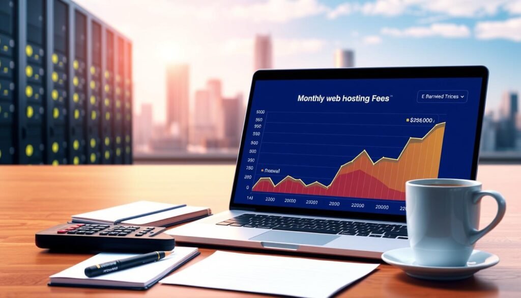 A visually engaging illustration depicting monthly web hosting fees in the United States. In the foreground, a sleek, modern laptop displays a vibrant graph showing fluctuating prices over time, highlighting costs before and after renewal. Surrounding the laptop are professional business elements: a notepad, a calculator, and a cup of coffee, all arranged neatly. The middle ground features a subtle image of a server room with illuminated servers, symbolizing web hosting services. In the background, a soft-focus American city skyline under a clear blue sky adds context to the setting. Soft, warm lighting creates a welcoming atmosphere, while the angle suggests a dynamic workspace. The overall mood is informed and optimistic, reflecting opportunities in web hosting pricing. A visually engaging illustration depicting monthly web hosting fees in the United States. In the foreground, a sleek, modern laptop displays a vibrant graph showing fluctuating prices over time, highlighting costs before and after renewal. Surrounding the laptop are professional business elements: a notepad, a calculator, and a cup of coffee, all arranged neatly. The middle ground features a subtle image of a server room with illuminated servers, symbolizing web hosting services. In the background, a soft-focus American city skyline under a clear blue sky adds context to the setting. Soft, warm lighting creates a welcoming atmosphere, while the angle suggests a dynamic workspace. The overall mood is informed and optimistic, reflecting opportunities in web hosting pricing.