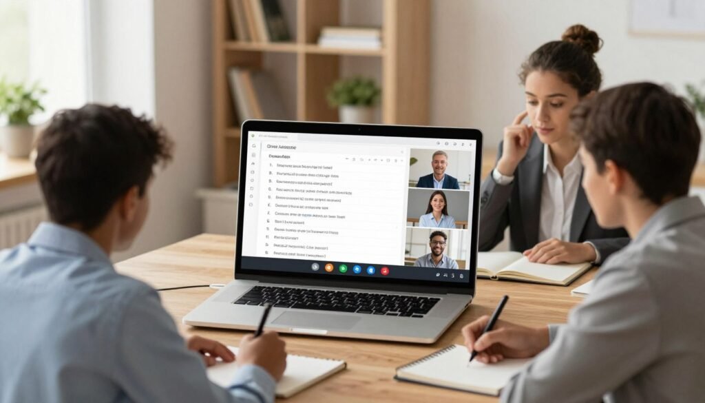 A visually engaging illustration focusing on the structure and format of online language lessons. In the foreground, a diverse group of three learners, dressed in professional business attire, is engaged in a virtual class around a laptop. One learner actively takes notes, while another appears to ask a question. In the middle, the laptop screen displays an interactive language lesson interface, showcasing a rhythm of structured content like vocabulary lists, quizzes, and video instructions. The background features a warm, inviting study space with bookshelves, plants, and soft, natural light filtering in through a window. The mood is focused yet relaxed, embodying a modern, educational atmosphere that emphasizes collaboration and learning in a digital environment. A visually engaging illustration focusing on the structure and format of online language lessons. In the foreground, a diverse group of three learners, dressed in professional business attire, is engaged in a virtual class around a laptop. One learner actively takes notes, while another appears to ask a question. In the middle, the laptop screen displays an interactive language lesson interface, showcasing a rhythm of structured content like vocabulary lists, quizzes, and video instructions. The background features a warm, inviting study space with bookshelves, plants, and soft, natural light filtering in through a window. The mood is focused yet relaxed, embodying a modern, educational atmosphere that emphasizes collaboration and learning in a digital environment.