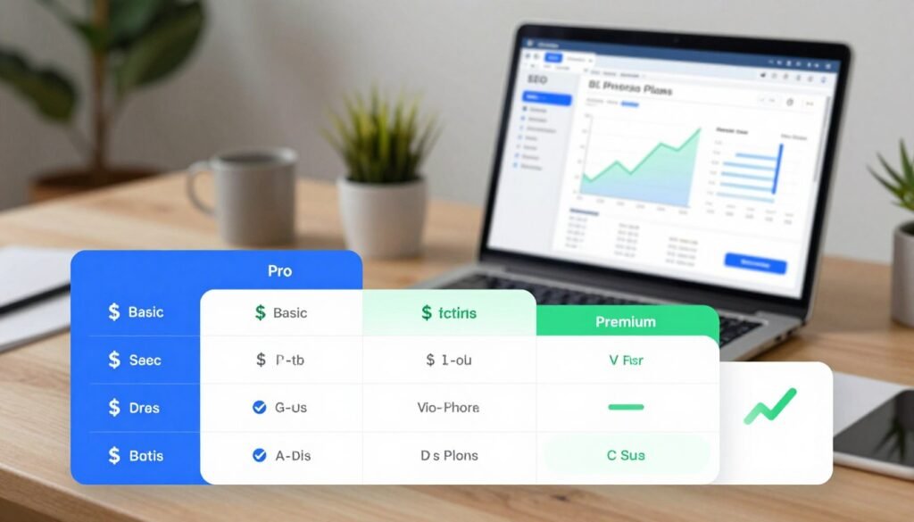 A visually engaging illustration of SEO tool pricing plans, featuring a stylishly designed table with various subscription options displayed prominently. In the foreground, show clear sections with distinct plans labeled as "Basic," "Pro," and "Premium," each featuring icons like dollar signs or checkmarks to represent value and features. The middle ground includes a digital tablet or laptop displaying an interactive interface with graphs and keyword analytics, suggesting a user-friendly experience. The background should have a contemporary office setting with soft lighting to create a professional and inviting atmosphere. Use a slightly angled perspective to add depth, and ensure the color palette is harmonious, with shades of blue and green to convey trust and growth. The overall mood should be informative and engaging, encouraging investment in the tool. A visually engaging illustration of SEO tool pricing plans, featuring a stylishly designed table with various subscription options displayed prominently. In the foreground, show clear sections with distinct plans labeled as "Basic," "Pro," and "Premium," each featuring icons like dollar signs or checkmarks to represent value and features. The middle ground includes a digital tablet or laptop displaying an interactive interface with graphs and keyword analytics, suggesting a user-friendly experience. The background should have a contemporary office setting with soft lighting to create a professional and inviting atmosphere. Use a slightly angled perspective to add depth, and ensure the color palette is harmonious, with shades of blue and green to convey trust and growth. The overall mood should be informative and engaging, encouraging investment in the tool.